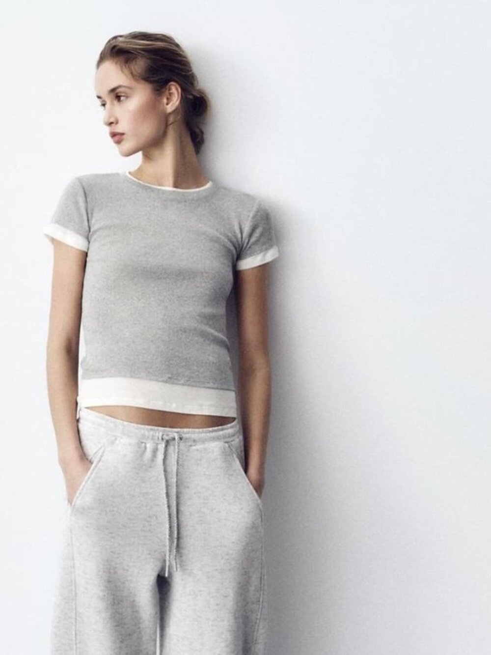 ZARA Gray Marl Layered Effect Short Sleeve T-Shirt Fitted Tee Women's Size Small